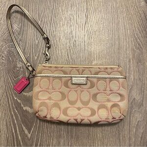 SOLD- Coach Park Beige Outline Pink Signature Medium Clutch Wristlet